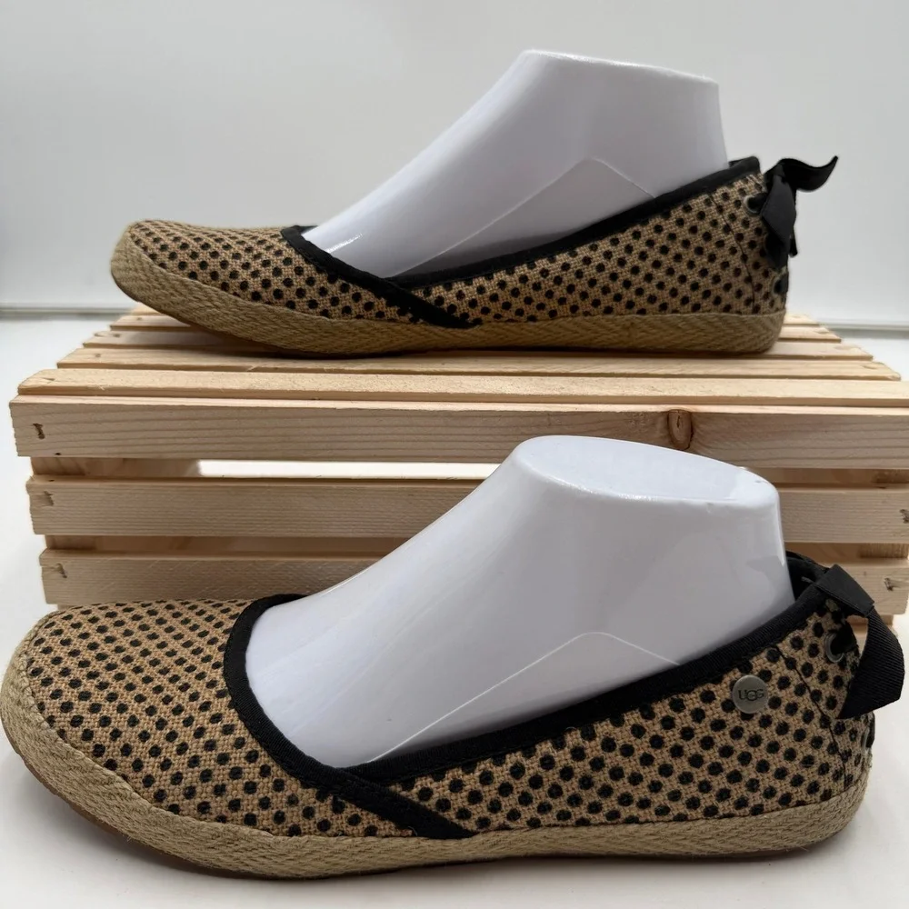 UGG Ballet Flats Indah Polka Dot Burlap Espadrille Tan Black Womens Size 8